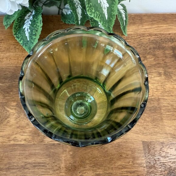 Vintage Indiana Glass Avocado Green Flared Pedestal Compote Vase Ribbed Bowl - Picture 4 of 5